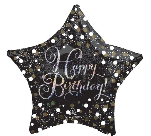 Mooideco - Sparkling black - Sparkling black &amp; gold Star - Happy birthday - 28 inch Anagram jumbo ballon